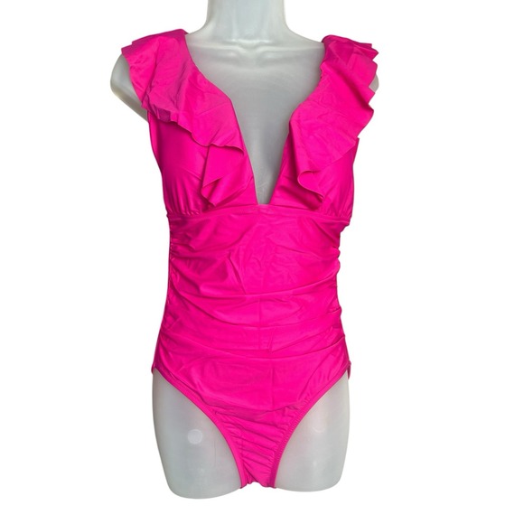 J.Crew NWT Ruched Ruffle One-Piece Swimsuit Fuchsia Pink Beach Summer Size 12 - Picture 2 of 9